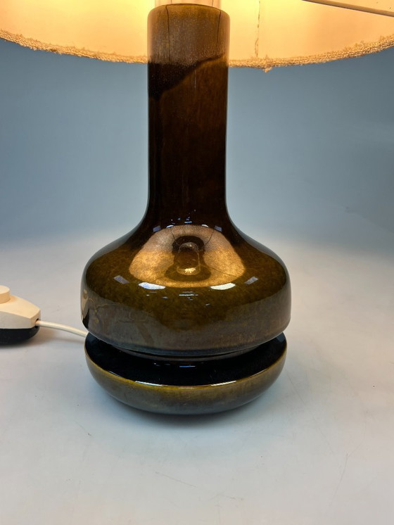 Image 1 of Vintage Earthenware Table Lamp, Green/Brown Ceramic with Wool Shade, Germany 1970s