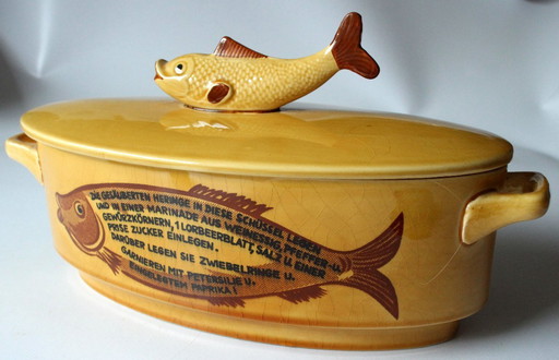 Grand plat de poisson Terrine de poisson avec recette - Céramique - Vintage
