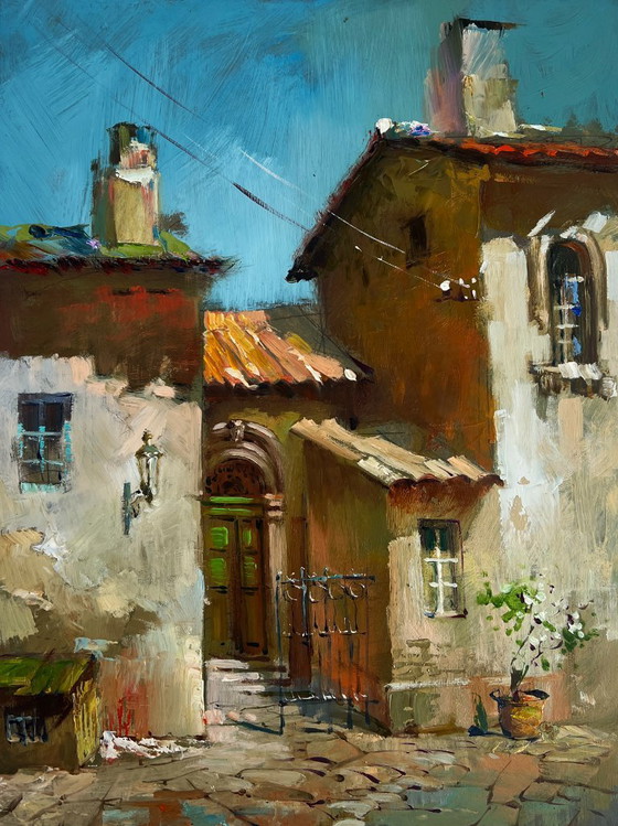 Image 1 of Original Oil Painting Summer Street Landscape Old house in the city