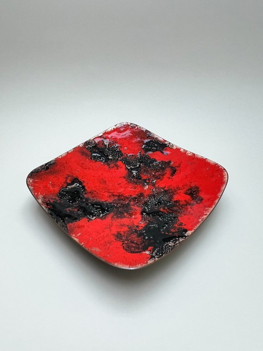 Bol vintage Fat Lava en cuivre émaillé, rouge et noir, de forme carrée