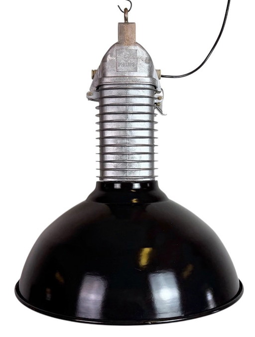 Grote industriële hanglamp van zwart emaille van Philips, jaren 60.