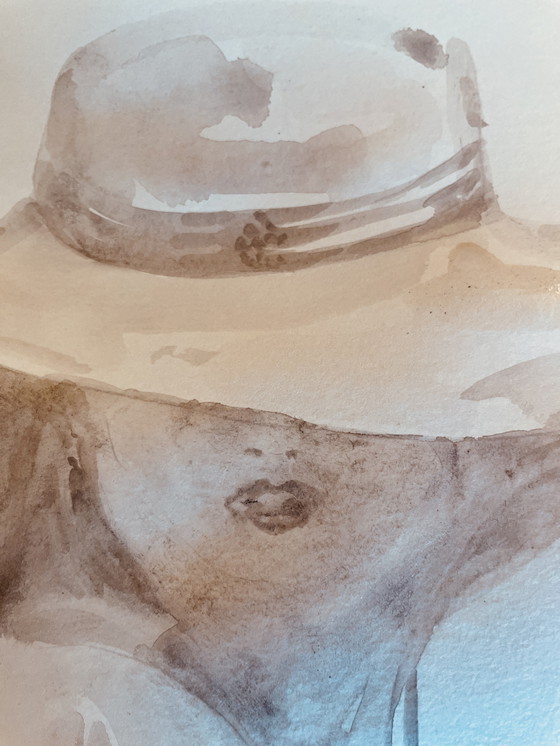 Image 1 of Dipinto firmato acquerello monocromatico seppia ritratto femminile "Estate"