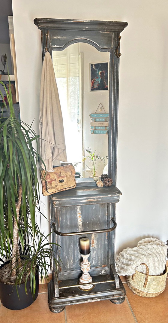 Old entrance coat rack patinated blue-grey with mirror, Vintage charm, Shelving unit, Wood (photo 2 of 15)