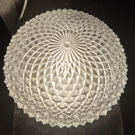 Image 1 of Vintage Diamond Cut Glass Ceiling Light | Mid Century Flush Mount | Space Age Style | 26 cm