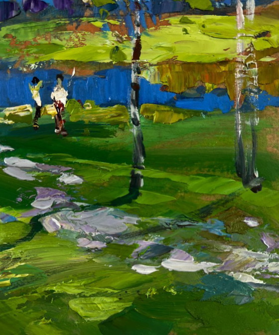 Image 1 of Original Oil Painting Autumn Village Landscape In The Silence Of The Birch Grove