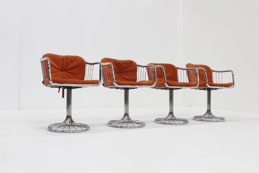 Set of 4 vintage chrome swivel dining room chairs 1970s