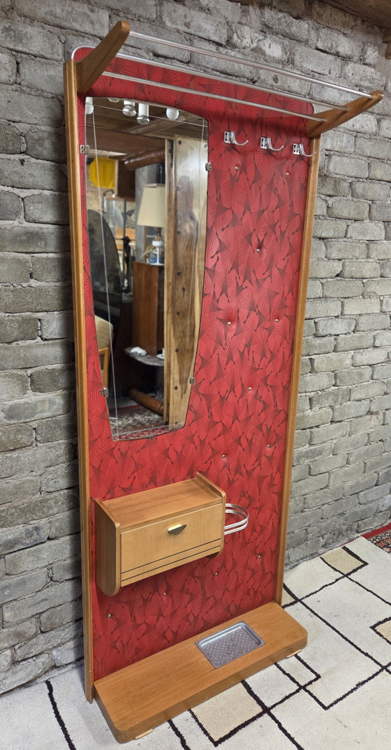 Image 1 of Vintage 1950s/60s Wall-Mounted Coat Rack – Red and Wood Rockabilly Design Cloakroom