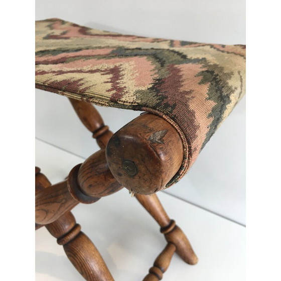 Image 1 of Vintage Folding Wooden and Tapestry Stool 1930