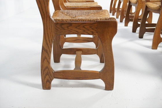 Image 1 of Set di 10 sedie brutaliste "Razor" in rovere con seduta in giunco, Paesi Bassi, anni '70