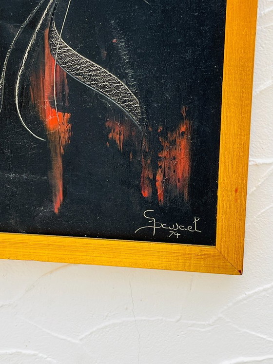 Image 1 of Vintage painting by S. Dewael, 1974, floral composition on a black background