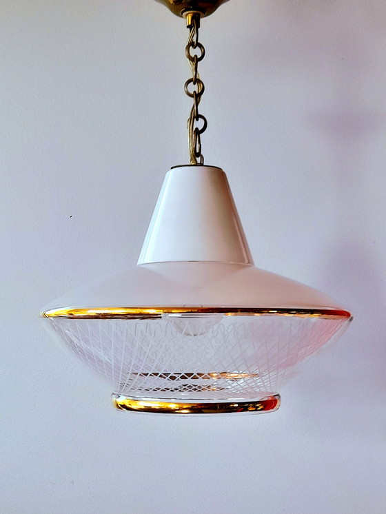 Image 1 of UFO silkscreened glass pendant light, 1970