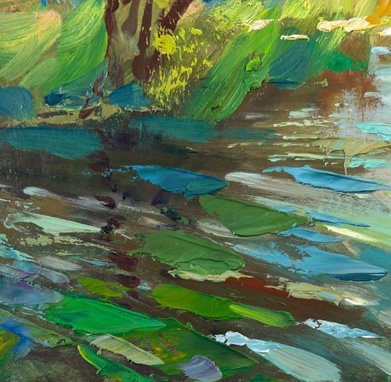 Image 1 of Original Oil Painting Summer Nature Landscape Quiet forest river
