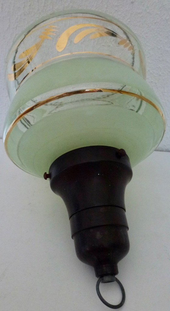 Image 1 of Plafonnier Art Déco, suspension en verre, années 1930, suspension en verre vert clair avec bande dorée, abat-jour pagode.