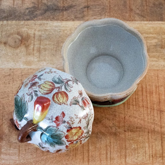 Image 1 of Bonbonnière cinese vintage in ceramica a forma di melone/zucca con motivi floreali