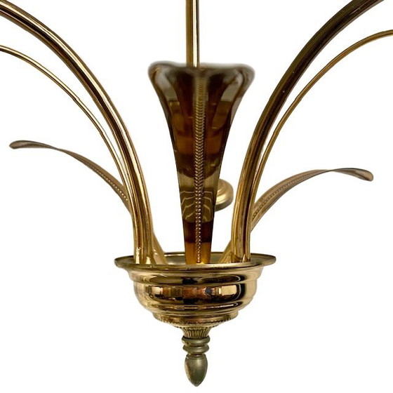 Image 1 of Mid-century three-armed chandelier palm leaves Hollywood Regency 1970s