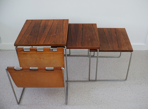Brabantie Mimiset - table d'appoint vintage avec porte-revues en cuir