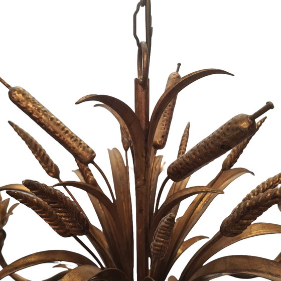 Image 1 of Lampadario vintage placcato oro con spighe di grano e tifa, anni '60