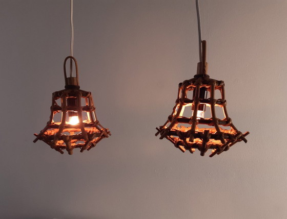 Image 1 of Set of 2 rattan hanging lamps, mcm hanging lamps, rattan bedside lamps