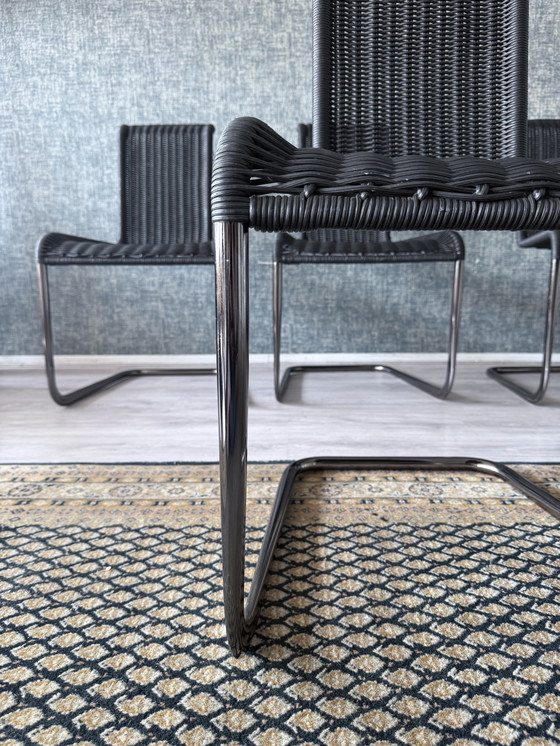 Image 1 of Set van 4 Tecta D20 sledestoelen - zwart wicker & parelchroom