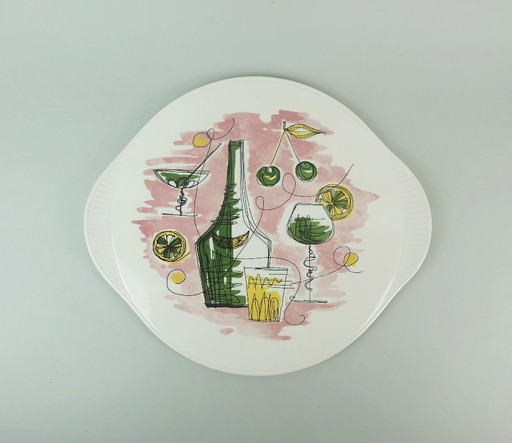 1950s mid century CAKE PLATE with beautiful cocktail and bar decor grünstadt-keramik