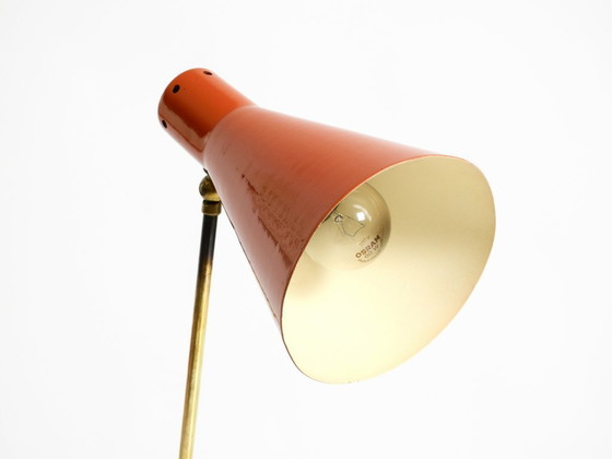 Image 1 of Beautiful, Large Mid-Century Modern Brass Table Lamp with a Brick-Red Shade