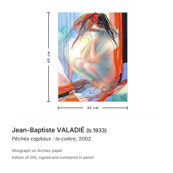 Jean-Baptiste Valadié Signed Lithograph Deadly Sins: Wrath 2002 – Lithographs & prints, Paper (photo 3 of 5)