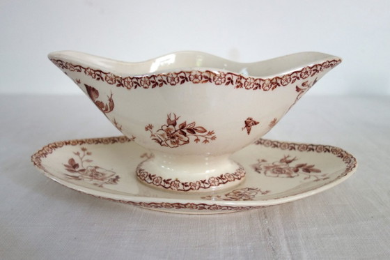 Image 1 of Saucière Et Moutardier Terre De Fer Gien Modèle Mai Vers 1900