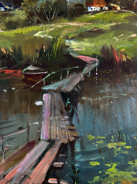 Image 1 of Original Oil Painting Summer River Landscape Bridge to the village
