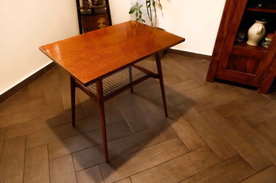 Image 1 of Brussels Style Retro Table with Woven Shelf – Dřevopodnik Holešov, 1960s 