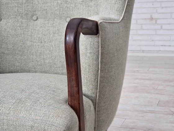 Image 1 of 1960s, Danish armchair, original light grey furniture wool, solid teak wood.