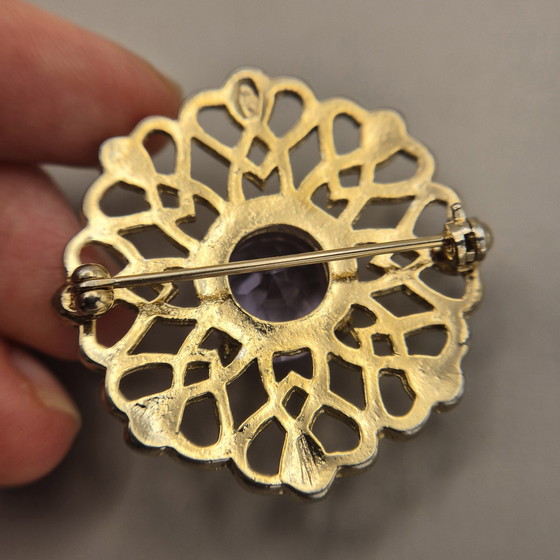 Image 1 of Vintage JAF Scottish Celtic Knot Brooch Kilt Pin Gold Tone Violet Stone Signed