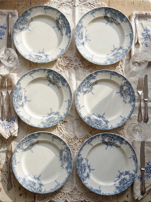 6 assiettes anciennes Boch Frères Keramis modèle Dauphin décor bleu XIXe-XXe