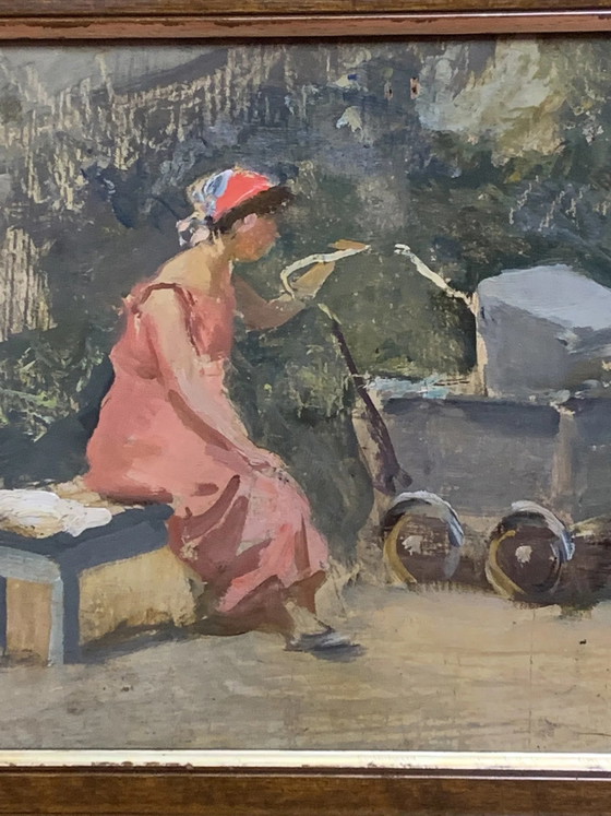 Peinture à l'huile sur toile Maternité par Attilio Melo, années 1950, Peintures et dessins (photo 3 sur 4)