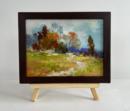 Original Oil Painting Autumn Forest Landscape Twilight of the autumn forest