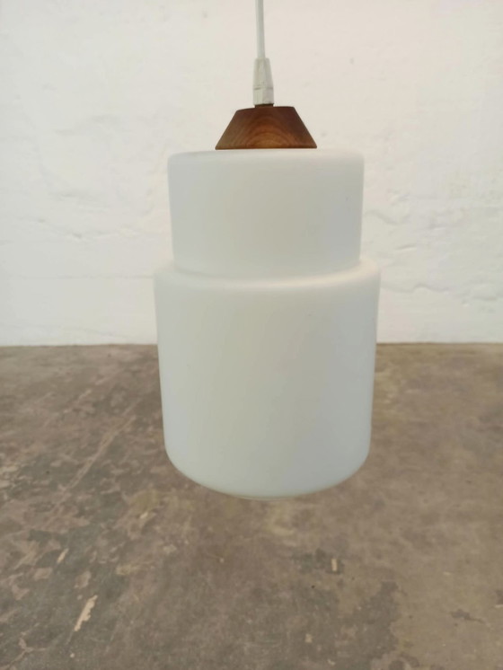 Vintage opaline glass and wood pendant lamp, Brown (photo 9 of 14)