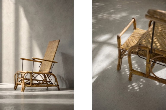 Image 1 of Sillón alemán antiguo de ratán con reposapiés extensible, de la década de 1930.