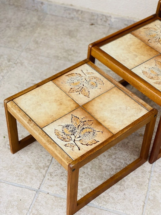 Image 1 of Set of 3 vintage nesting coffee tables in teak and earthenware, 1960