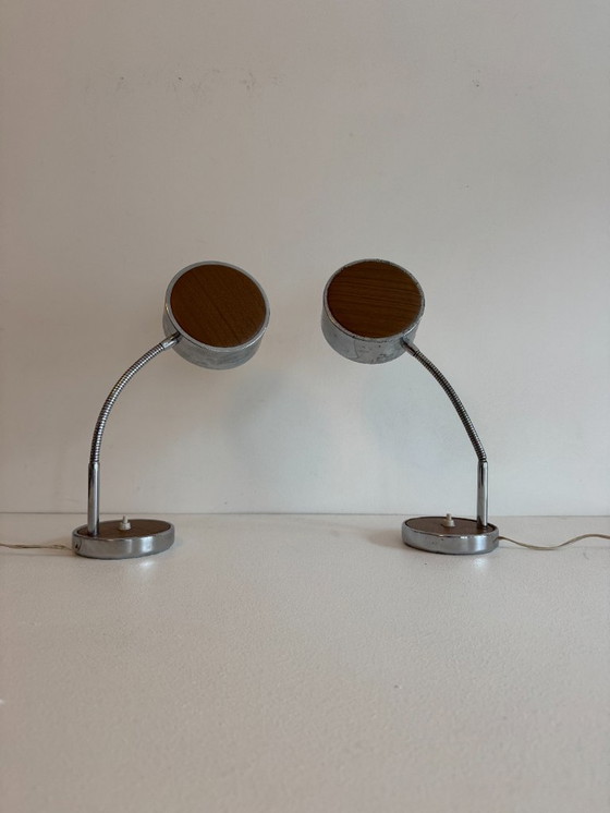 Image 1 of Pair of vintage adjustable table lamps, chromed metal and wood, France, 1970