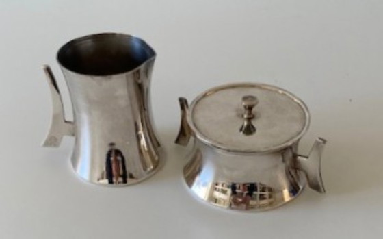 Image 1 of Douwe Egberts Zilverstad Set da zucchero e latte modernista placcato in argento
