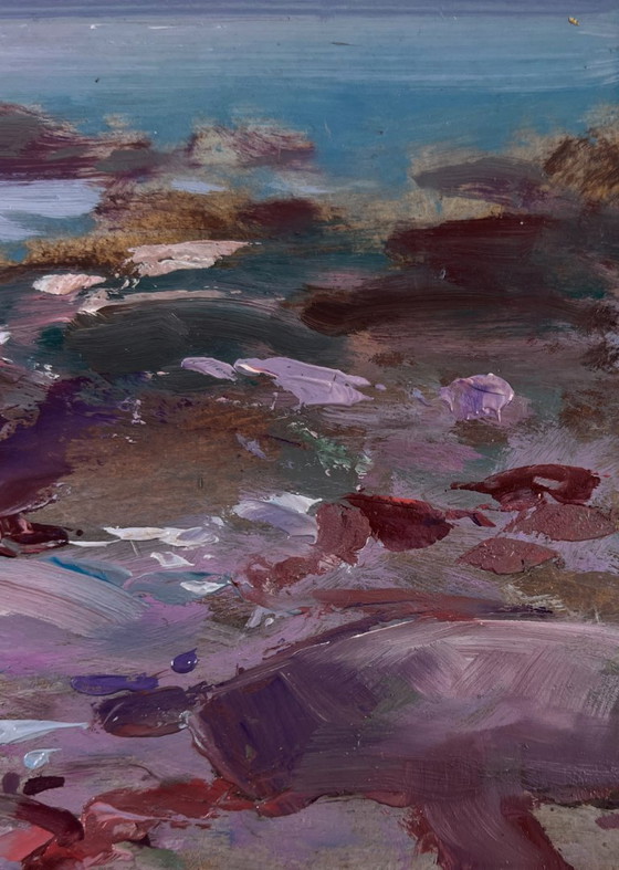 Image 1 of Original Oil Painting Evening Coastal Landscape Sailboat Over Blue Waves
