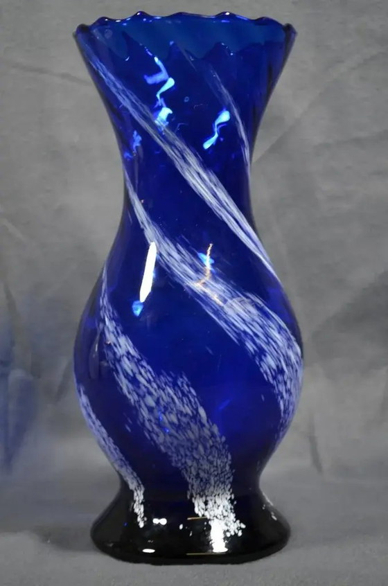 1970s Murano Blue Glass Baluster Vase With Iattimo Decoration, Signed – Murano Glass (photo 6 of 10)
