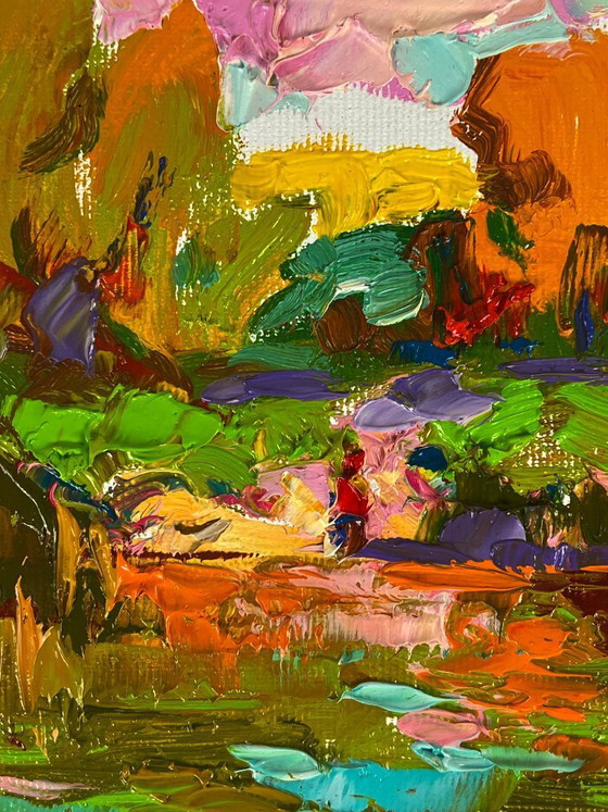 Image 1 of Pintura al óleo original: Paisaje natural, bosque, orilla del río Sunny