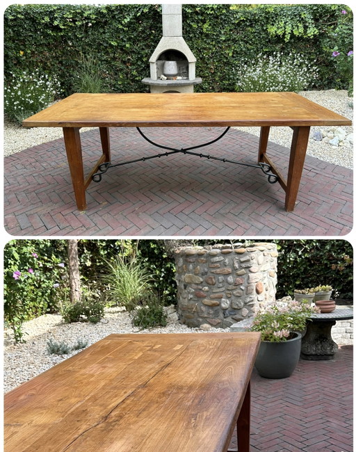 Table de réfectoire espagnole ancienne – bois massif et fer forgé – 218 cm – eettafels, Iron, Wood