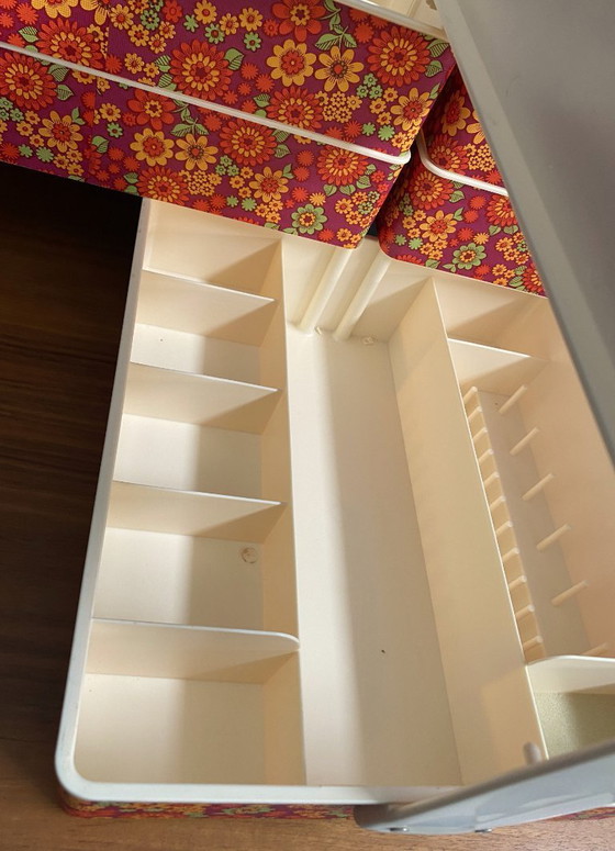 Image 1 of 1970s plastic sewing box with flowerprint in original box