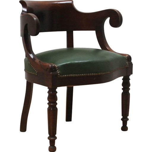Poltrona vintage in legno scuro e pelle tinta di verde