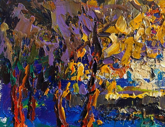 Image 1 of Original Oil Painting Autumn Park Landscape City autumn park