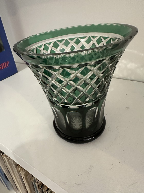 Image 1 of Dark Green Cut Crystal Vase Val Saint Lambert