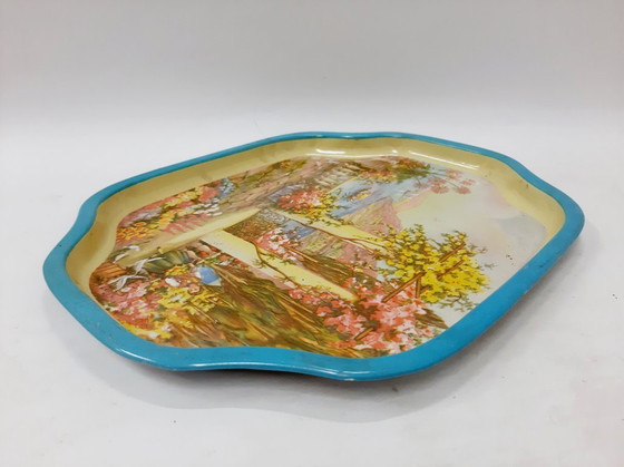 Image 1 of Vassoio in latta vintage, design del paesaggio marino