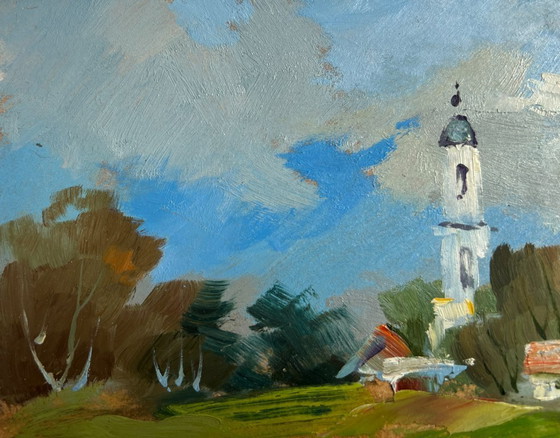 Image 1 of Origineel olieverfschilderij: Zomerlandschap met kerk. De dorpskerk is zichtbaar.