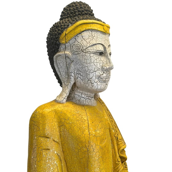 Buddha in Piedi Stile Mandalay con Finitura Craquelé (87,5 cm) del 1969 – Sculture, Wood, Mid Century Modern (photo 11 of 11)